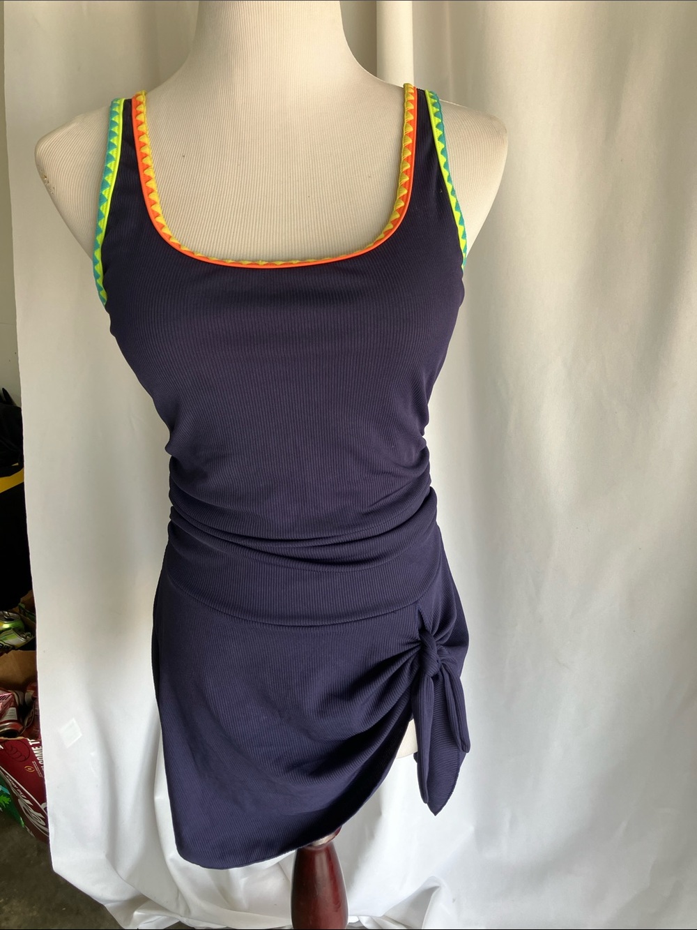 Navy Ribbed Tank Dress with Neon Trim
